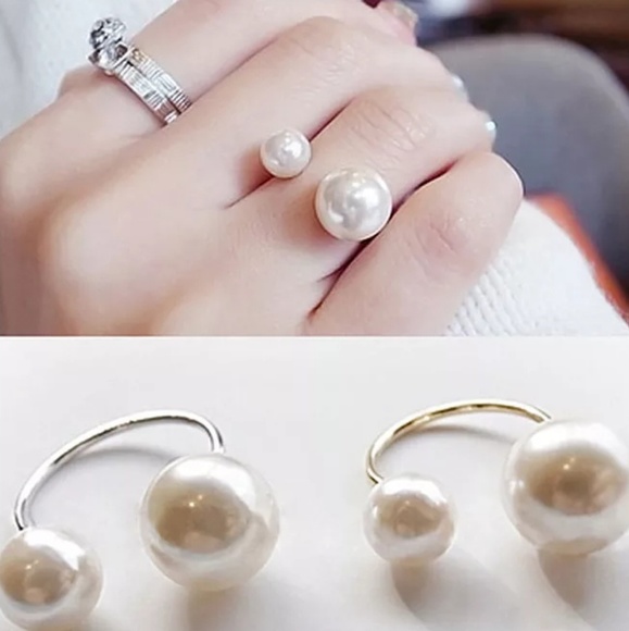 Double Pearl Gold Adjustable Coctail Fashion Ring - Picture 2 of 3